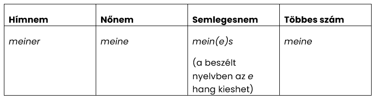 A mein önálló birtokos névmás alakjai Nominativ esetben